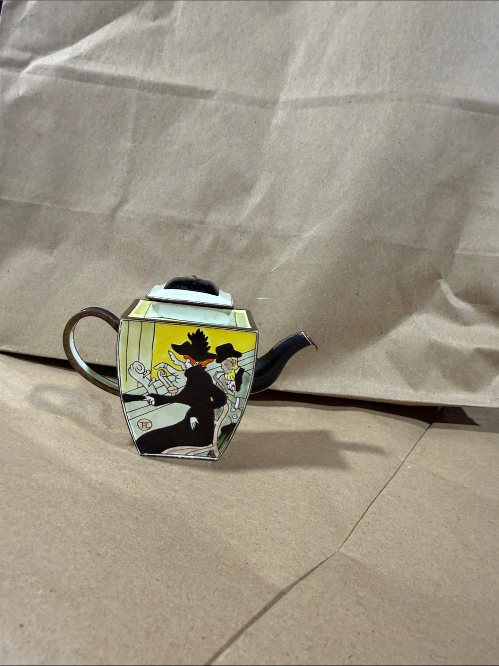 Art Deco Style Enamel Mini Teapot Pin - Yellow, Black, White
